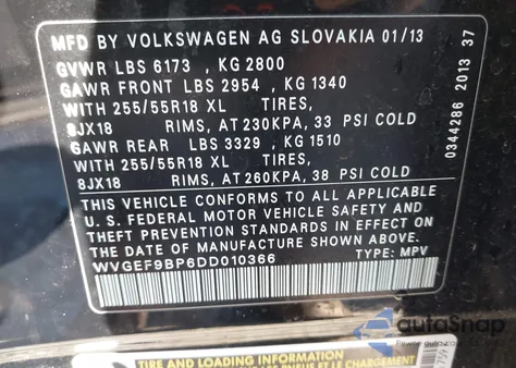 2013 Volkswagen Touareg Vr6 Sport из США, поврежденный, VIN WVGEF9BP6DD010366